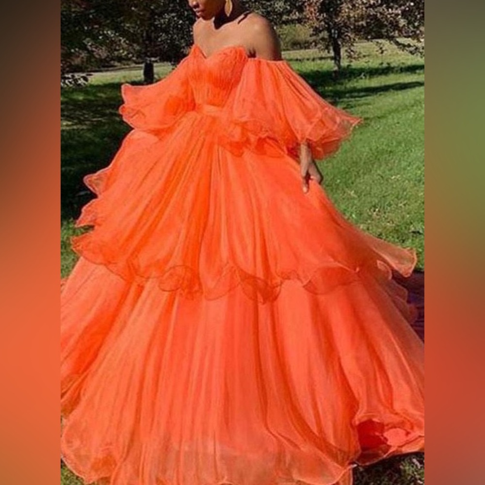 A-Line/Princess Off-the-Shoulder Organza Layers Long Sleeves Sweep/Brush Train